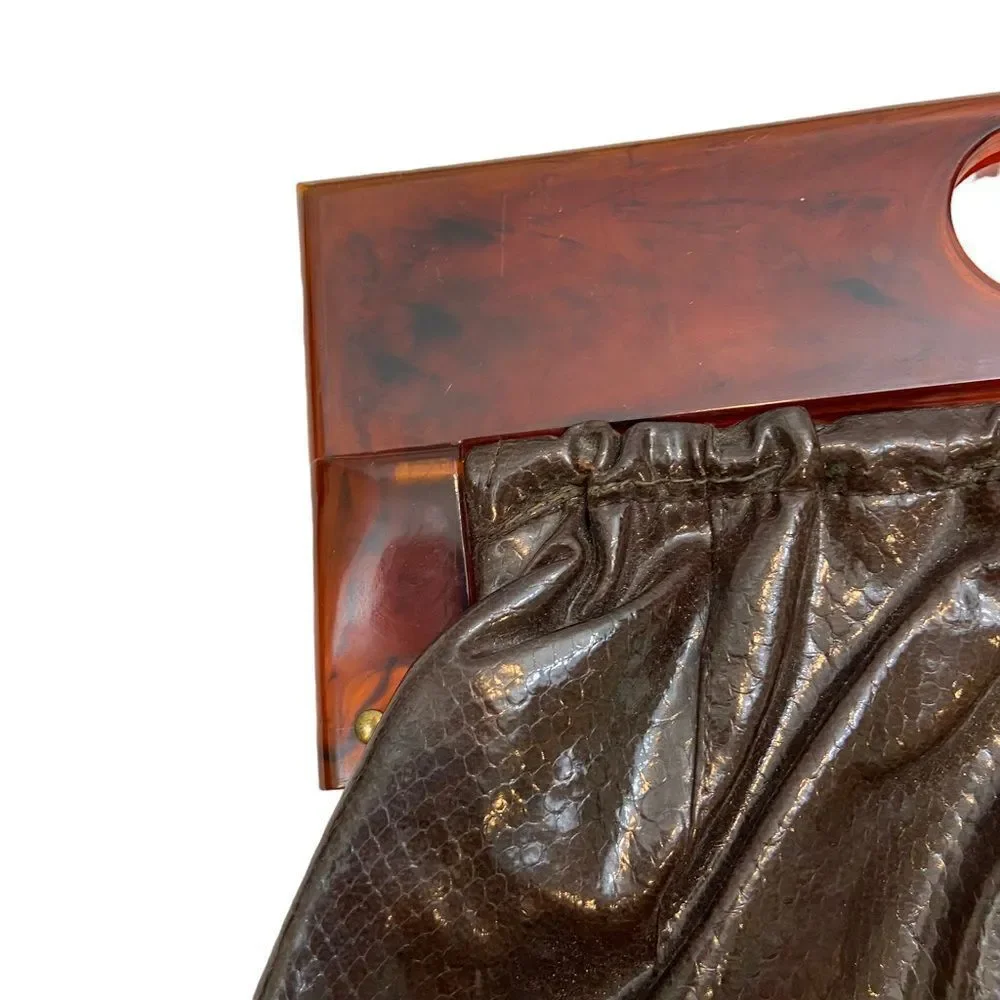 Vintage Brown Vinyl Faux Leather Clutch with Tortoiseshell Plastic‎ Handle 60s